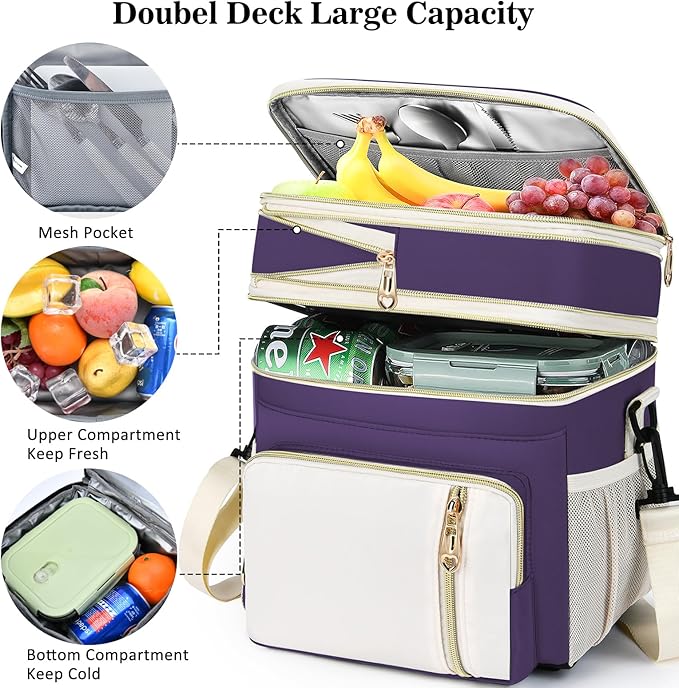 Lunch Box & Lunch Bag for Women, Large Insulated Adult Lunch Box Leakproof Lunchbox Cooler Bag for Work Picnic Beach,16L, Purple & White