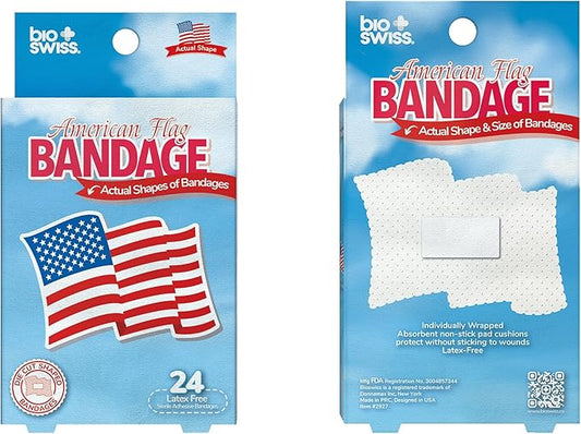 BioSwiss Bandages, American Flag Shaped Self Adhesive Bandage, Latex Free Wound Care, Fun First Aid Kit Supplies for Kids and Adults, 24 Count