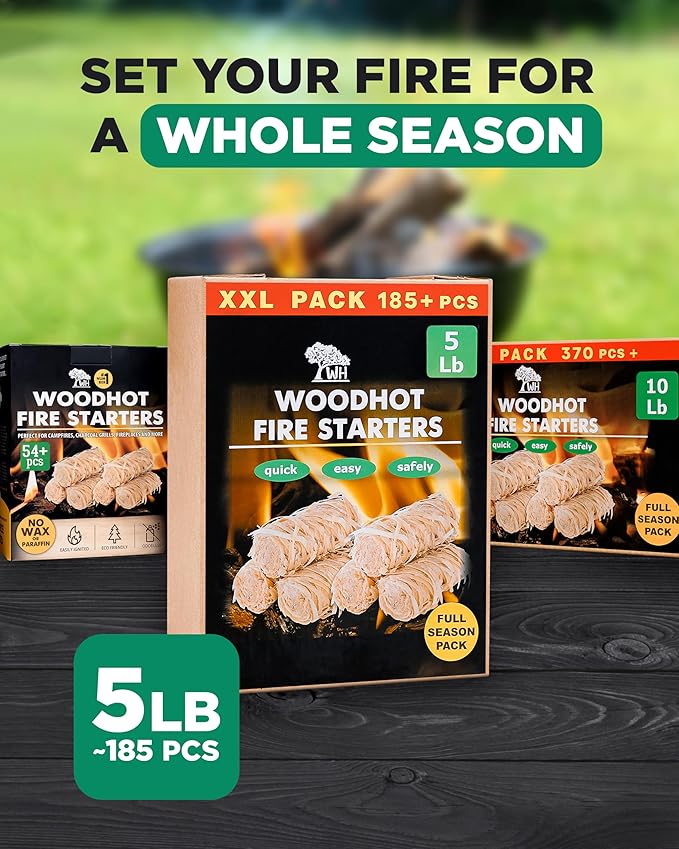 WH Natural Fire Starters for Campfires & Grill - 5lb - 185 pcs Large Box - Long-Burning Charcoal Starters - Odorless Firestarters for Outdoor Fire Pit, Fireplace - Quick Ignite
