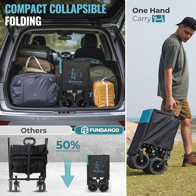 FUNDANGO 600lbs Collapsible Wagon, Foldable Beach Wagons Heavy Duty Garden Cart with Brakes, Side Pockets & All-Terrain Big Wheels for Sports Camping Shopping Groceries, Black/Blue