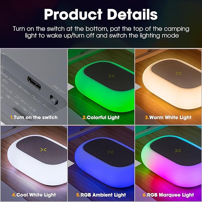 Camping Night Light with 15W Wireless Charging Camping Lamp 5 Light Modes Light for Tent Mini Tent Light for Camping Hurricane Power Outages Hiking Home