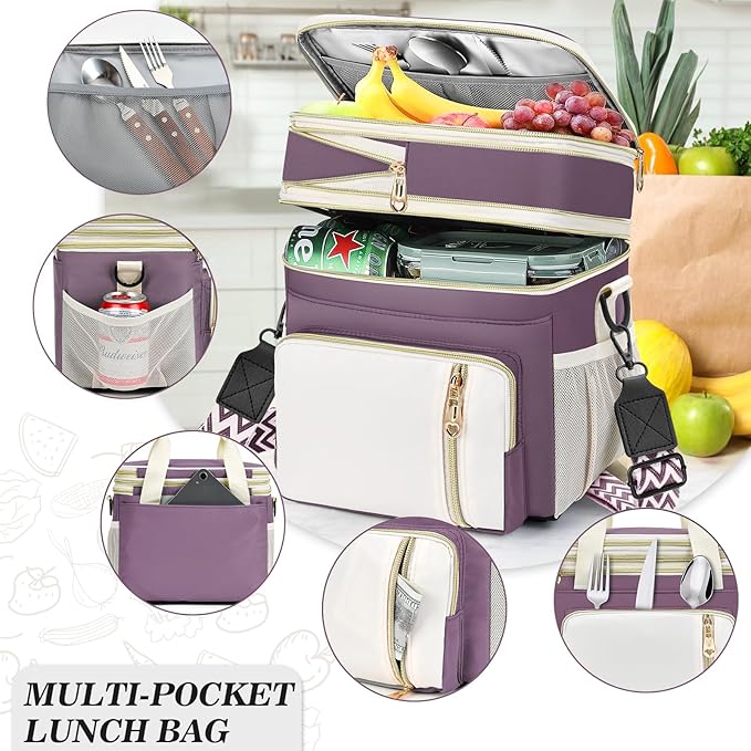 LOKASS Lunch Box for Women/Men-16L-Insulated Lunch Bag, Expandable Double-layer Leakproof Cooler Bag with Upgrade Adjustable Shoulder Strap Ideal for Work/Travel/Picnics（Dark Pink）