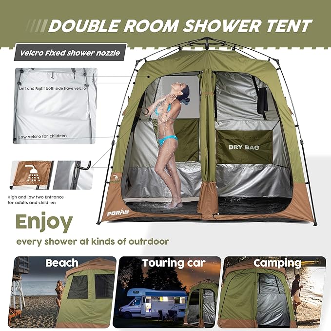 Camping Shower Tent Deluxe Changing Room Easy Set Up Privacy Shelter,Large Toilet Tent 2 Rooms with Floor Drain Design for Beach, Camping,Hiking with Stakes and Ropes for Stability