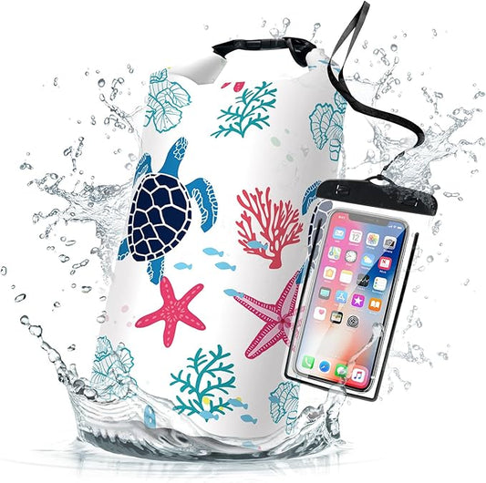 Waterproof Dry Bag,Roll Top Sea Turtle Coral Starfish Waterproof Backpack 5L/10L/20L Floating and Lightweight Bags for Kayaking, Boating, Fishing, Swimming and Camping with Waterproof Phone Case