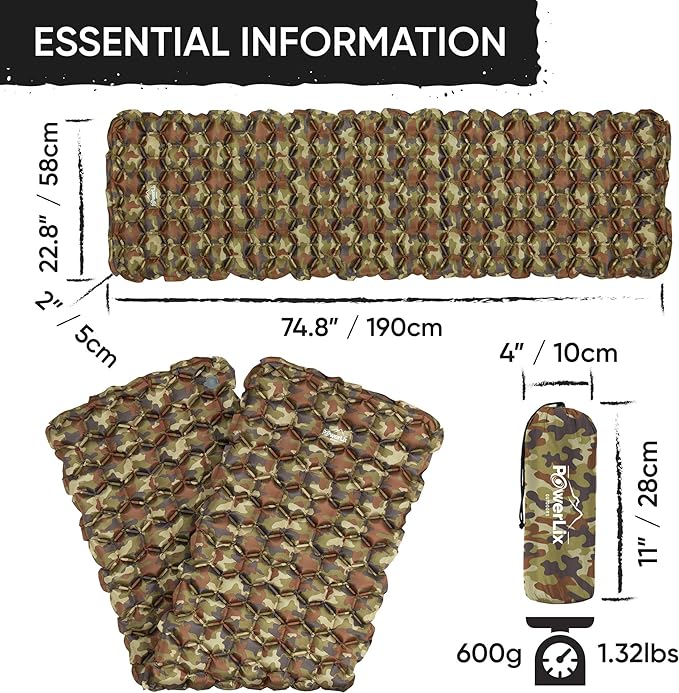 POWERLIX Camping Sleeping Pad - Ultralight Inflatable Camping Mattress Sleeping Mat for Backpacking, Hiking, Compact Lightweight Sleeping Pad, Inflation Bag/Repair Kit Included