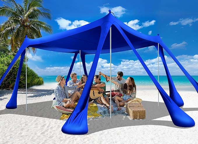 Beach Tent Sun Shelter Beach Canopy Tent Sun Shade Pop Up 10x10 UPF50+ with 8 Sandbags-2 Sand Shovel-Portable 4 Aluminum Poles-Ground Pegs-Easy Setup for Outdoor Family Camping Fishing Picnic