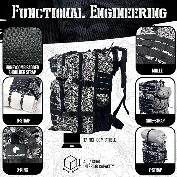 45L Elite Tactical Backpack | 3X Stronger Work & Military Backpack | Water Resistant and Heavy Duty | 3 Day MOLLE Bug Out Bag (Snow Leopard)