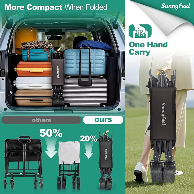 SunnyFeel Double Decker Wagon, Collapsible Outdoor Utility Wagon Cart 500LB Capacity Adjustable Handlebar,Foldable Wheels Stable Durable Oxford Fabric for Shopping Garden Camping (Black, Double Deck)