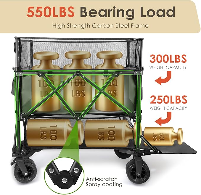 HOPERAN 550L XXL Wagons Carts Foldable, 54" Extra Length & Height Double Deck Collapsible Wagon Cart with Tailgate, 8" Big All-Terrain Wheels, 550lbs Load Utility Grocery Cart for Camping,Sports,Beach