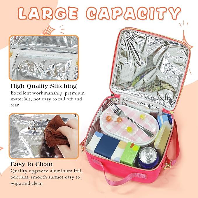 Insulated Lunch Bag Women Lunch Box Kids for Teen Girls Boys, Cute Preppy Lunch Boxes With Adjustable Shoulder Strap, Waterproof Nylon Lunchbox Lunch Bags for School Work Picnic (Rose Red)