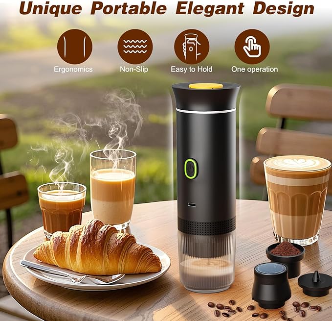 Portable Battery Espresso Coffee Maker for Travel, 20 bar Mini Car Espresso Machines, 3-in-1 Self-Heating Electric Espresso Maker, USB-C Ground Coffee & Capsule Pod(Ns&DG) RV, Hiking, Office