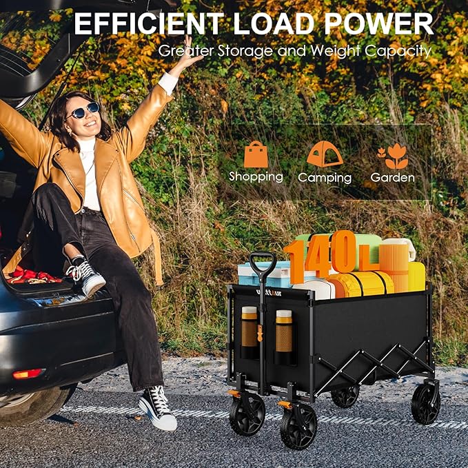 140L Collapsible Wagon Cart Foldable, Portable Folding Wagon with Silent Universal Wheels, Utility Grocery Cart for Camping Sports Shopping, Black