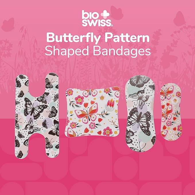 BioSwiss Bandages, Assorted Size Butterfly Print Self Adhesive Bandage, Latex Free Sterile Wound Care, First Aid Kit Supplies for Kids and Adults, 60 Count