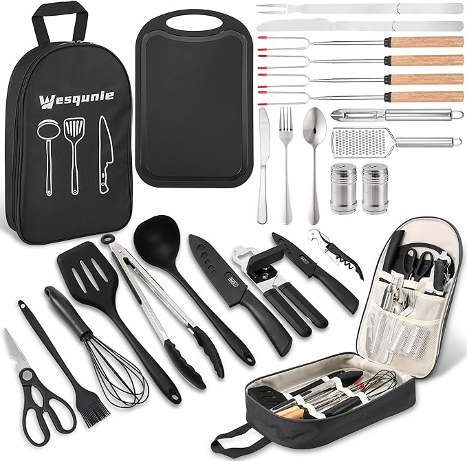 Camping Cooking Essentials Utensils Set - Camp Cookware Kitchen Accessories Kit, Camper Gear Must Haves, Stainless Steel & Silicone, RV Car Portable Outdoor Equipment Tool