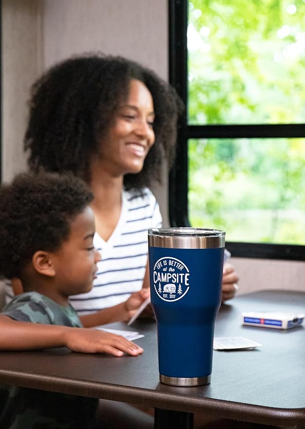 Camco Life is Better at The Campsite Tumbler | Heavy Duty Double Wall Vacuum Insulation | Crafted of 18/8 Stainless Steel | Unique “Life is Better at The Campsite” Design on Navy | 30-oz (53324)