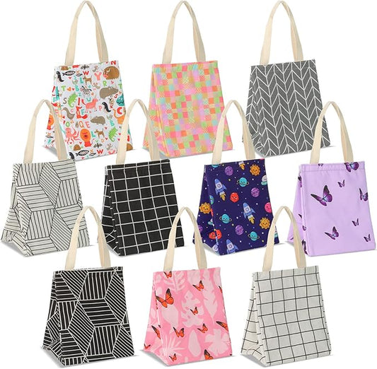 Berlune 10 Pcs Insulated Lunch Bag Bulk 8.3 x 6.7 x 10.24 Inch Reusable Portable Lunch Tote with Aluminum Foil Thermal Cooler Bag for Kids Women Men Office School Picnic, 10 Styles