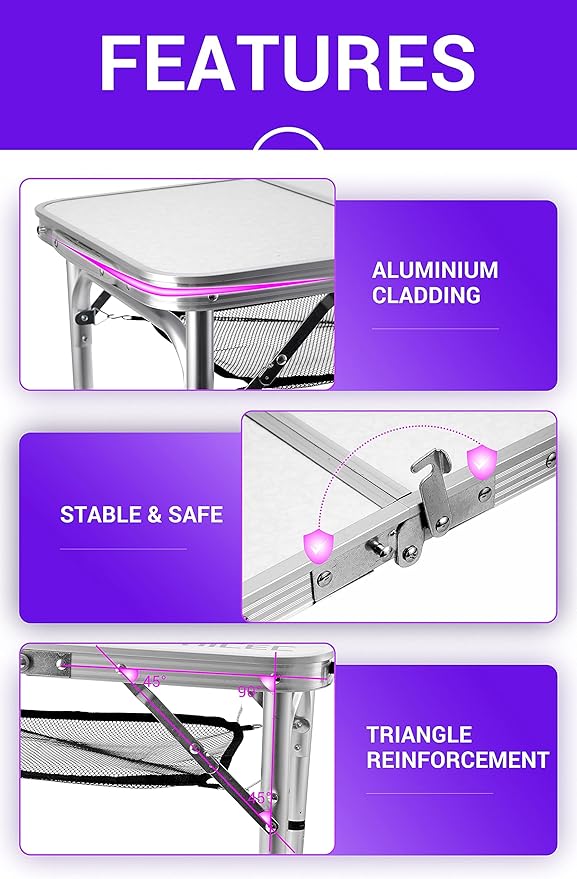 Nice C Card Small Table, Adjustable Height Folding Table, Picnic, Camping, Outdoor, Portable Lightweight Aluminum, with Carry Handle for Beach, Indoor, Office (Large)