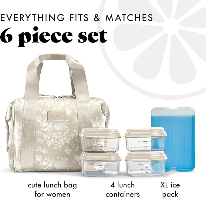 Fit & Fresh Neoprene Lunch Bag For Women, Insulated Womens Lunch Bag For Work, Tear & Stain Resistant Large Lunch Box For Women With Containers and Ice, Machine Washable Remi Lunch Bag, Tan Toile