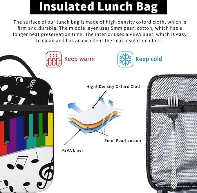 Musical Note Rainbow Key Music Insulated Lunch Bag Reusable Cooler Lunch Box Portable Leakproof Thermal Container Tote Bags for Girls Boys School Travel