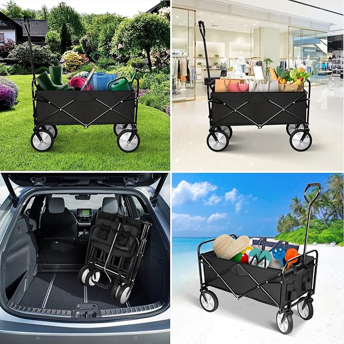 YSSOA Rolling Folding & Rolling Collapsible Garden Cart, Outdoor Camping Wagon Utility with 360 Degree Swivel Wheels & Adjustable Handle, Black 220lbs Weight Capacity