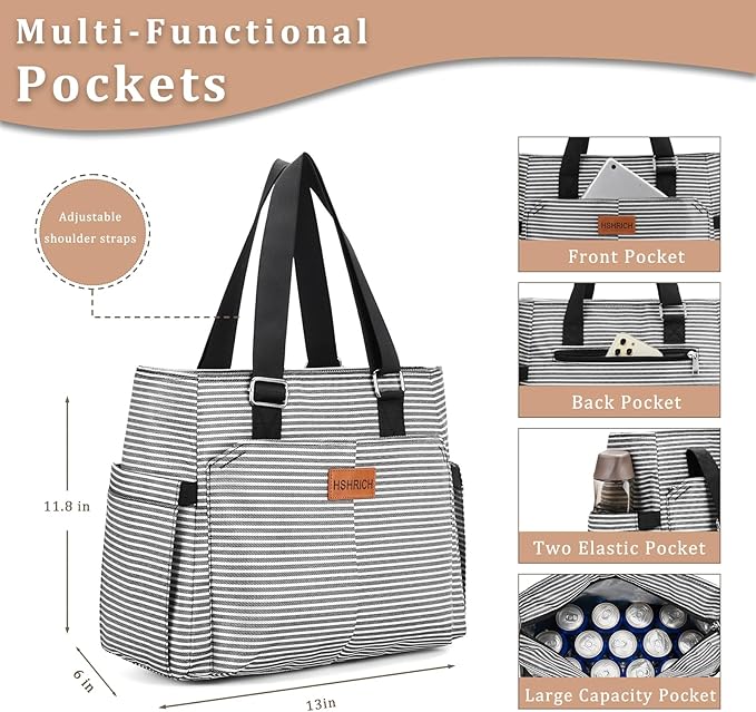 Large Women Lunch Bags for Work/Insulated Adult Lunch Box for Women/Leakproof Cooler Lunch Tote Bag with Storage Pocket. Reusable Lunch Cooler Purse for Work Picnic Hiking 14L, Stripe