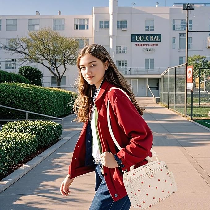 LOIDOU Lunch Box for Kids Girls Cute Corduroy Insulated Lunch Bag Thermal Meal Tote Reusable Lunch Pail Bags for School Travel (Corduroy Strawberry Beige)