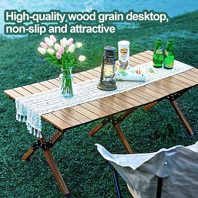 Folding Camping Table, Roll-Up Folding Table with Carry Bag, Portable Aluminum Picnic Table, Low Height Beach Table for Outdoor Use, Travel, BBQ & Hiking, Easy Assembly (Natural)