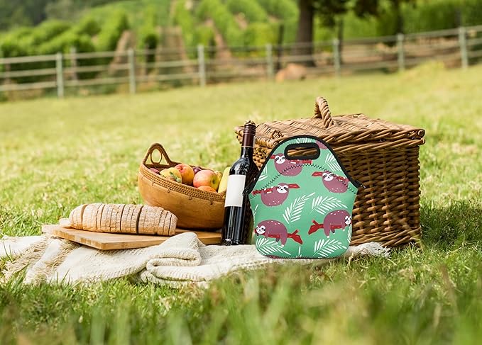 Violet Mist Neoprene Sloth Lunch Bag Insulated Waterproof Lunch Bag Tote Reusable Lunch Box Containers Organizer Food Carrying Lunch Handbag forWomen Men Adult Work Gifts Picnic, S