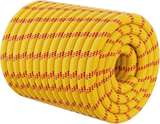 Double Braided Arborist Rigging Rope - 1/2 in X 150 ft 48 Strands Outdoor Pulling Heavy Duty Polyester Bull Rope for Swing Tree Work Camping Rescue Hiking - Yellow