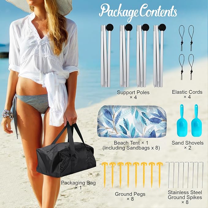 Rhino Valley Beach Tent Sun Shelter, 10x10FT Beach Canopy Tent Sun Shade UPF50+ Protection with 8 Sandbags 4 Stability Poles, Outdoor Beach Shade Canopy 6-8 People for Beach Camping Fishing