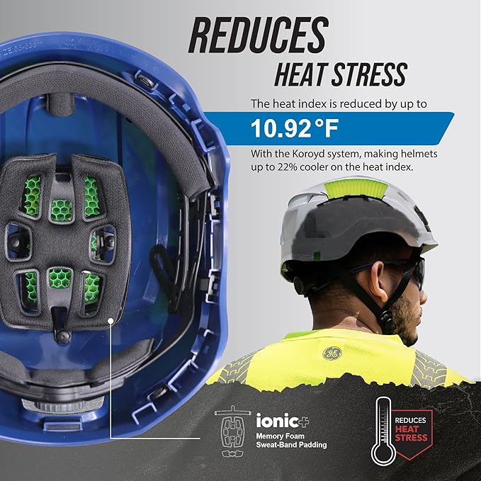GE Safety Helmet, Impact Absorbing Tech, Adjustable Ratchet, ANSI Type 1, Memory Foam Padding, Hard Hats Protection, Lightweight, Durable, Chin Strap, Comfortable Fit OSHA Approved