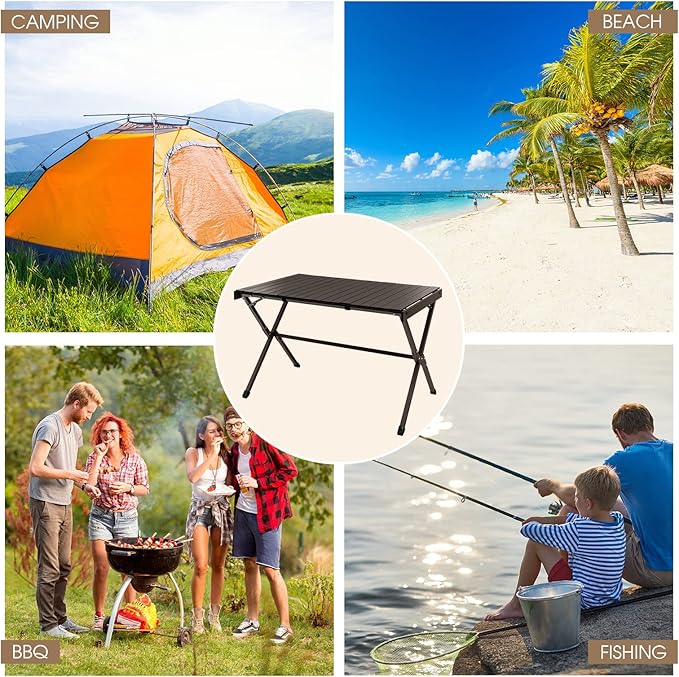 COSTWAY Portable Picnic Table, 28’’ x 43’’ Roll-Up Aluminum Beach Table with Carry Bag for 4-6 Person, Folding Camping Table with Sturdy X-Shaped Frame (Brown)