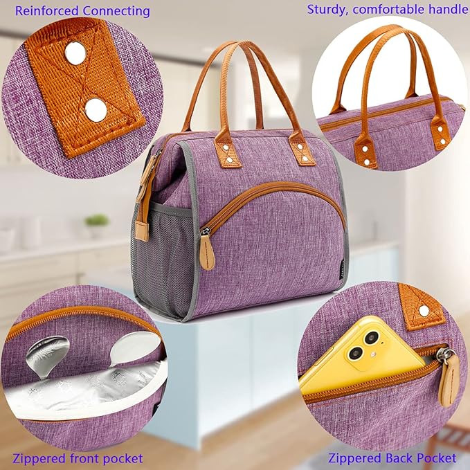 FlowFly Insulated Lunch Bag Wide-Open Lunch Box Large Tote Leakproof Cooler with Drink Holder and Multi Pockets for Women Men Adult Kids Work Picnic Travel Beach Hiking, Purple