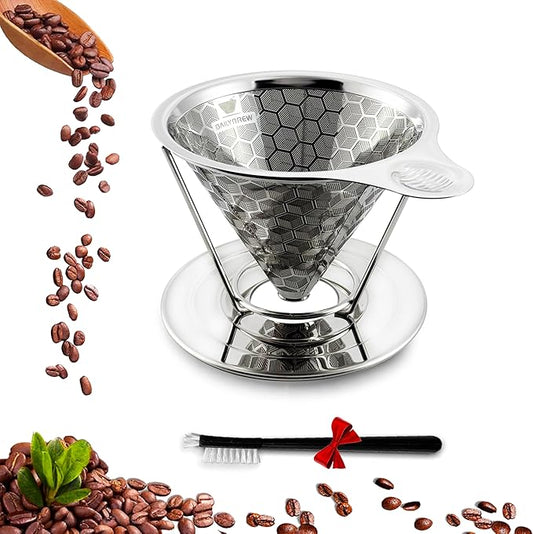 dailybrew Pour Over Coffee Maker, Triple Layer Stainless Steel Cone Coffee Filter, 4 Cup Non-electric Drip Coffee Maker, Manual Portable Pour Over Coffee Maker, Metal Cone Cafe Coffee Dripper