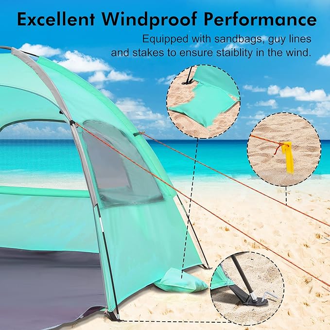 WhiteFang Beach Tent Anti-UV Portable Sun Shade Shelter for 3/4/6/8 Person, Extendable Floor with 3 Ventilating Mesh Windows Plus Carrying Bag, Stakes and Guy Lines