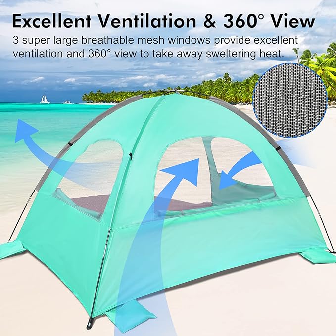 WhiteFang Beach Tent Anti-UV Portable Sun Shade Shelter for 3/4/6/8 Person, Extendable Floor with 3 Ventilating Mesh Windows Plus Carrying Bag, Stakes and Guy Lines