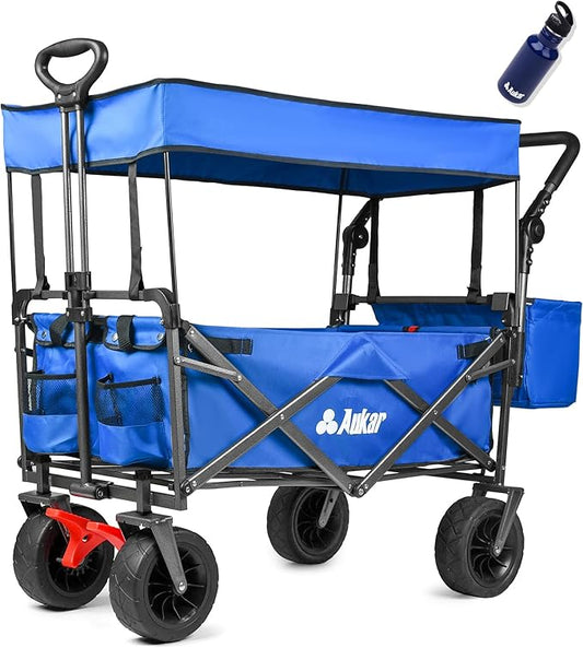 Collapsible Canopy Wagon - Heavy Duty Utility Outdoor Garden Cart - with Adjustable Handles, for Shopping, Picnic, Camping, Sports - Blue