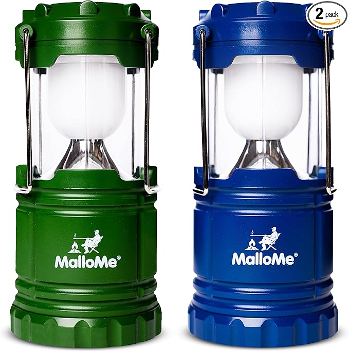 MalloMe Camping Lantern Green Blue 2 Pack Lanterns for Power Outages, Camping Lights for Tent Hanging, Camp Light Tent Lamp Emergency Battery Powered LED Lantern (Rechargeable Batteries Not Included)