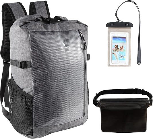 Dry Bag Backpack,25L Dry bags waterproof Kayaking, Waterproof bag with Waist Pouch and Phone Case,Waterproof Backpack Marine dry bag for Kayaking, Beach, Rafting, Boating (Gray)