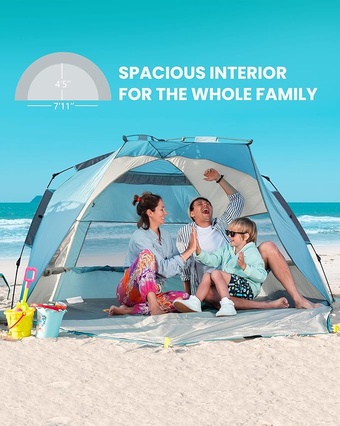 OutdoorMaster Beach Tent for 3-4 Person - Easy Setup and Portable Beach Shade Sun Shelter Canopy with UPF 50+ UV Protection Removable Skylight Family Size