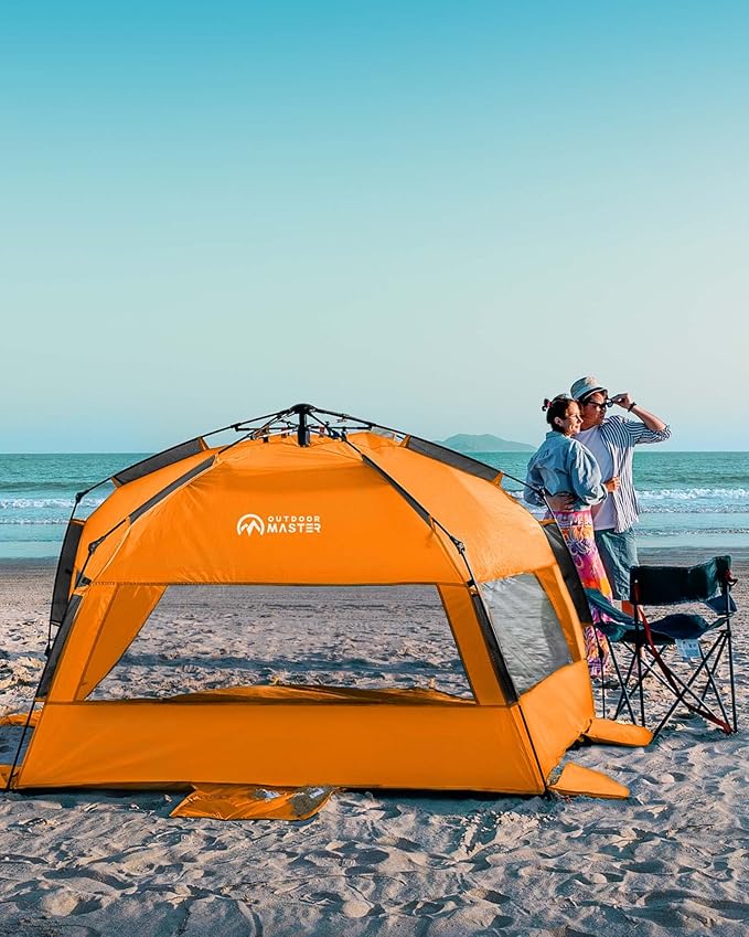 OutdoorMaster Beach Tent for 3-4 Person - Easy Setup and Portable Beach Shade Sun Shelter Canopy with UPF 50+ UV Protection Removable Skylight Family Size