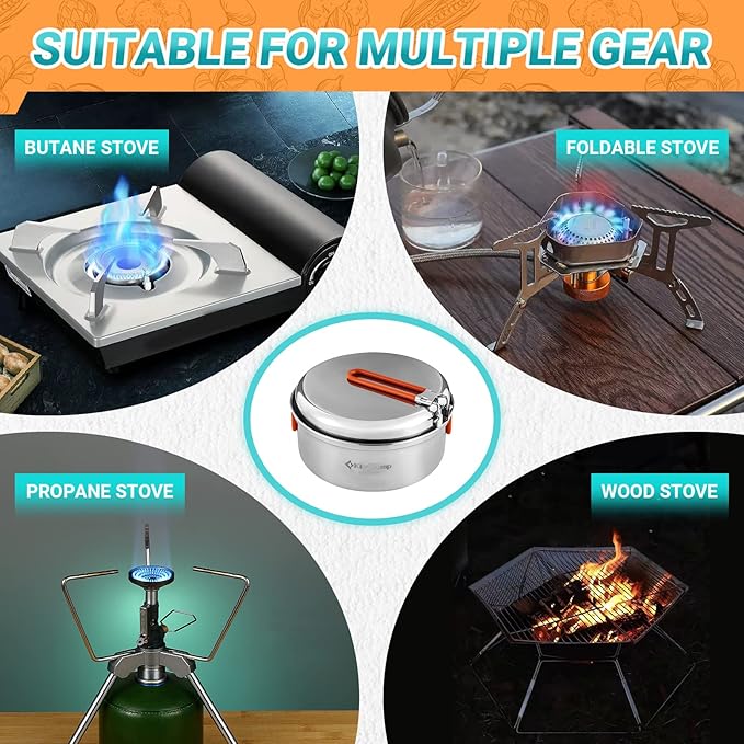 KingCamp Camping Cookware, Lightweight Cook Set Non-Stick Stainless Steel Essentials Mess Kit with Pot Pan Cups Plates Forks Knives Spoons for Camping Backpacking Outdoor Picnic