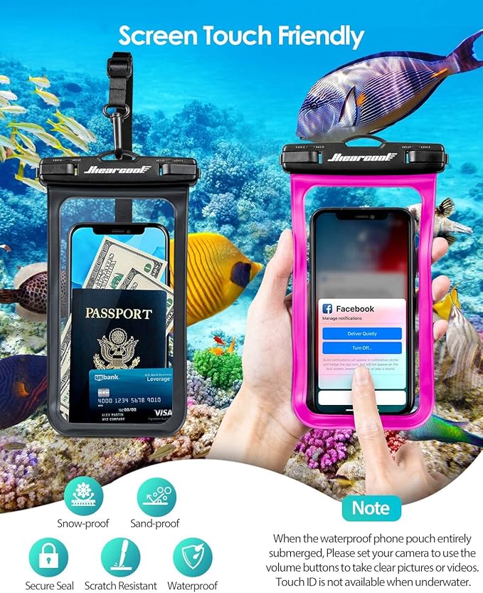 Hiearcool Waterproof Phone Pouch,Underwater Phone Cases Compatible for iPhone 16 15 14 13 Pro Max,Waterproof Dry Bag for Cruise Travel Essentials Phone Water Protector Pouch-Black&Bright Red-2Pack