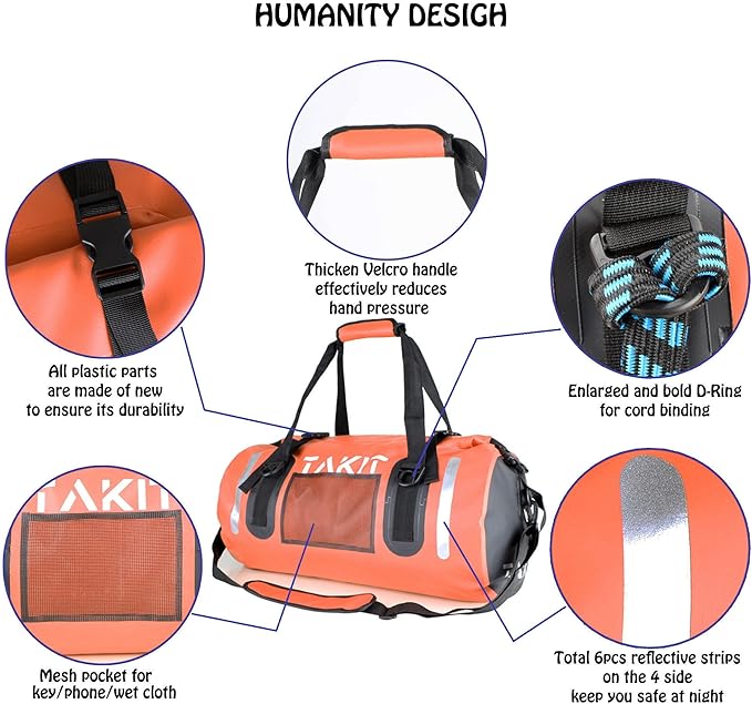 Waterproof Duffle Bag Travel Dry Bag 500D PVC for Motorcycle Tail Kayaking Rafting Boating Swimming Camping Hiking Beach Fishing (Orange, 80L)