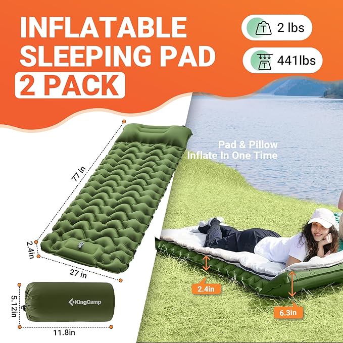 KingCamp Self Inflating Camping Mattress with Built-in Foot Pump, Connectable Durable Inflatable Sleeping Mat with Pillow, Compact Camping Air Mattress for Hiking