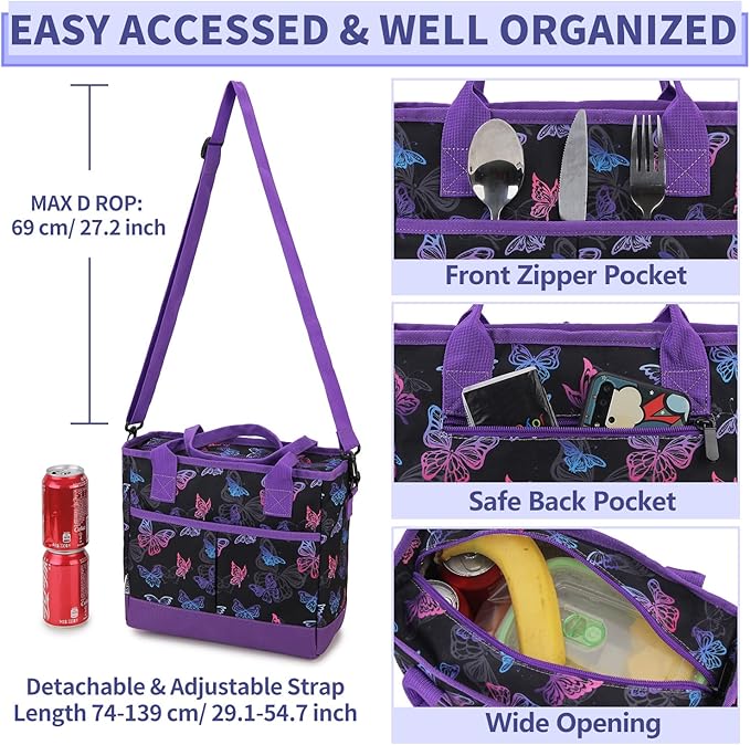 Lunch Bags for Women,VONXURY lnsulated Thermal Adult Lunch Box Large High-capacity Cooler Lunch Tote with Detachable Shoulder Strap for Work College Travel Picnic (Black Butterfly)