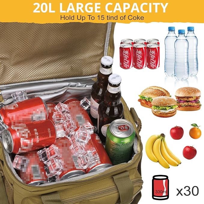 Tactical Lunch Box for Men, Insulated Lunch Bag MOLLE Webbing Leakproof, Cooler Large Lunchbox Women Adult with Adjustable Shoulder Strap Durable, Construction Heavy Duty Lunch Pail, Brown