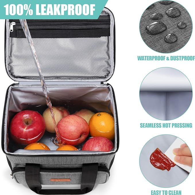 Tiblue Insulated Lunch Bag for Women/Men, Reusable Lunch Box for Office Work School Picnic Beach, Leakproof Freezable Cooler Bag with Adjustable Shoulder Strap for Kids/Adult(Large, Charcoal Grey)