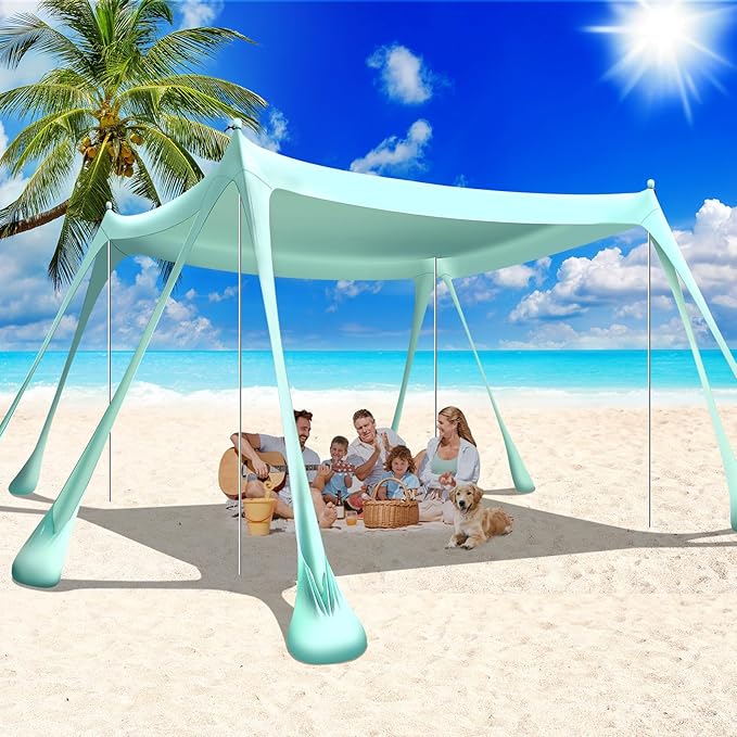 Large Beach Tent Canopy Pop Up Shade 10x10ft Sun Shelter Portable with UPF50+ UV Protection 8 Sandbags 4 Aluminum Poles 2 Sand Shovel Ground Pegs Carrying Bag for Outdoor Camping Fishing Yard Picnics