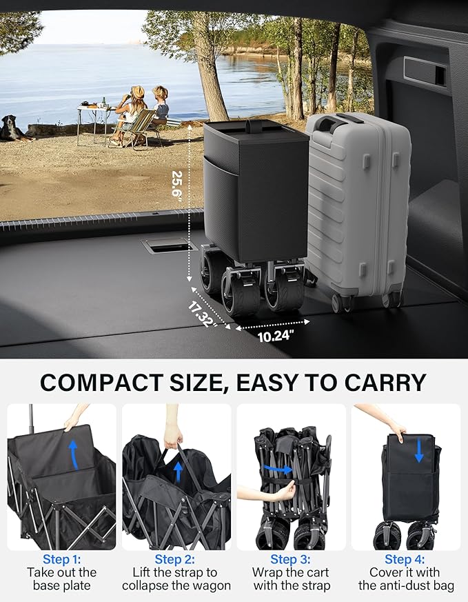 Collapsible Wagon, 440 lbs Foldable Utility Wagon Cart with Big Wheels, Heavy Duty Folding Wagon for Beach/Garden/Camping/Grocery-Black